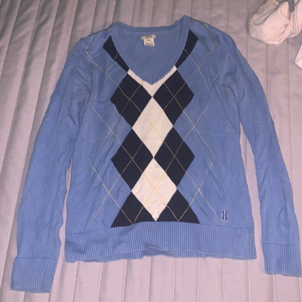 light blue argyle v-neck sweater
